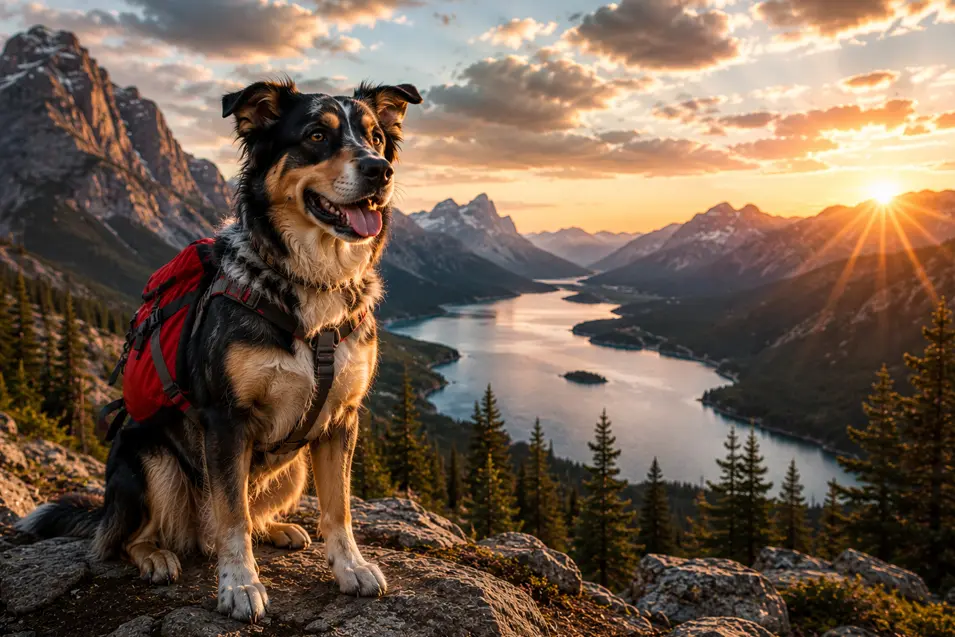 Australian Shepherd wearing a hiking backpack, overlooking a breathtaking mountain lake at sunrise, surrounded by rugged peaks and evergreen forests.