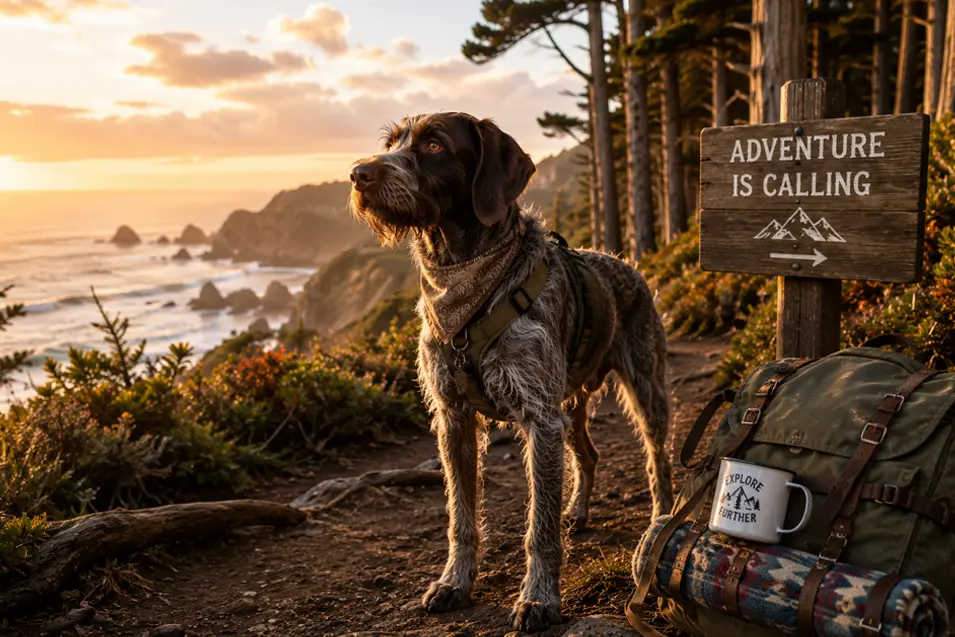 Wirehaired Pointer wearing hiking gear on a rugged coastal trail at sunset, overlooking dramatic ocean cliffs with camping gear ready for the next adventure.