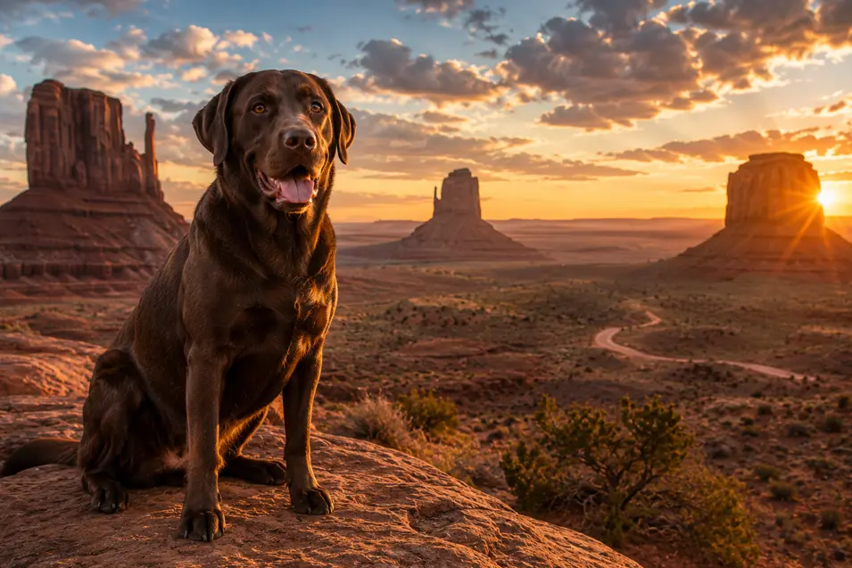 Chocolate Labrador Retriever sitting on a rocky overlook at Monument Valley during a spectacular desert sunset, framed by iconic sandstone buttes and glowing skies.