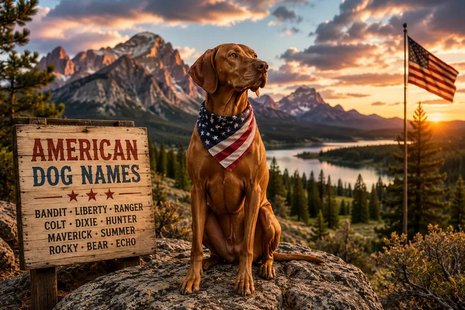 American-style hunting dog wearing a stars-and-stripes bandana, overlooking a dramatic mountain valley at sunset with an American flag waving proudly in the background.