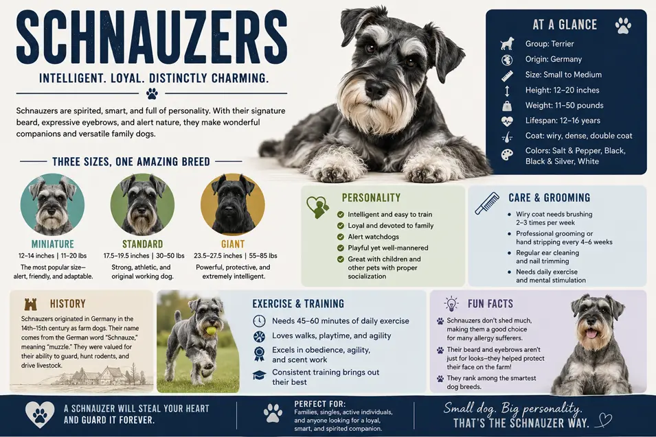 Schnauzer infographic featuring breed sizes, personality, history, grooming, exercise needs, lifespan, and fun facts.