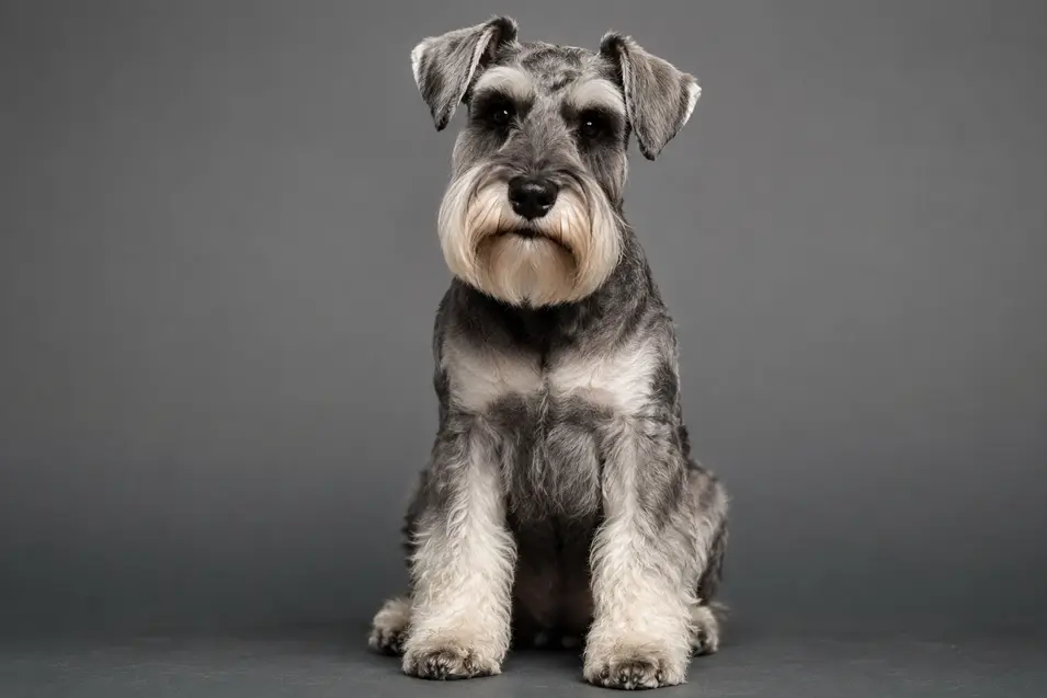 A studio-quality portrait of a Miniature Schnauzer sitting against a gray backdrop, showcasing its signature beard, eyebrows, and salt-and-pepper coat.