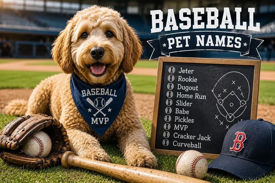Curly-coated dog wearing a "Baseball MVP" bandana relaxes on a baseball field beside a bat, glove, balls, cap, and baseball-themed pet name board.