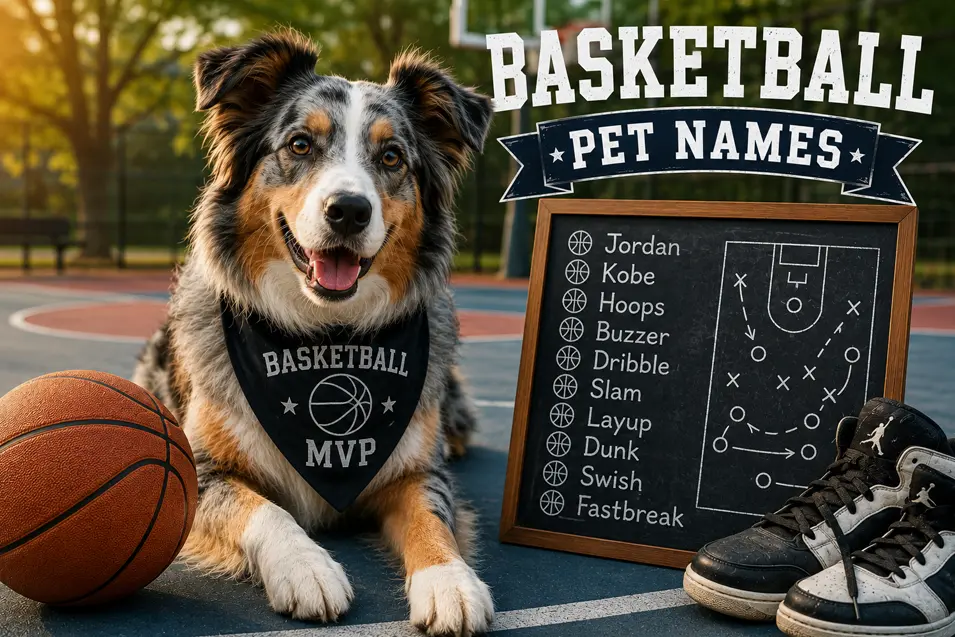 Australian Shepherd wearing a "Basketball MVP" bandana sits on an outdoor court beside a basketball, sneakers, and a basketball-themed pet name board.