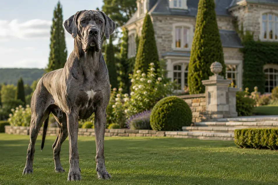 Blue Great Dane standing proudly on the manicured lawn of a grand estate, framed by elegant stone architecture, formal gardens, and towering cypress trees.