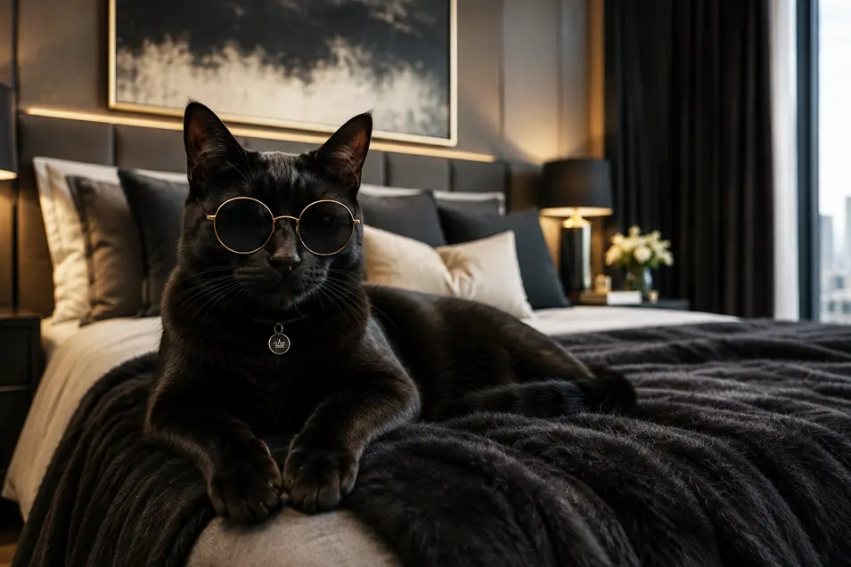 Sleek black cat wearing round sunglasses and a decorative collar, lounging on a plush bed in a luxurious modern bedroom. Soft ambient lighting, elegant bedding, contemporary artwork, and floor-to-ceiling windows with a city view create a sophisticated, upscale atmosphere.