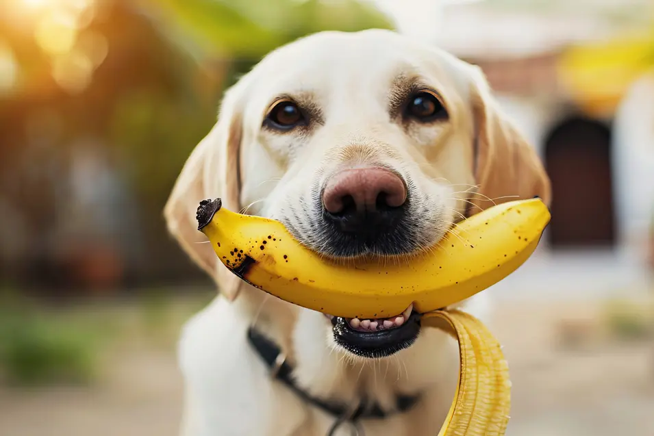 Yellow Labrador retriever holding a peeled banana in its mouth outdoors, looking at the camera with a playful expression and soft blurred background.
