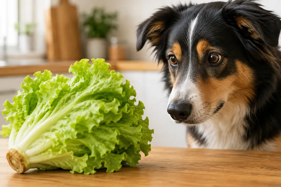 Curious black and tan dog stares intently at a fresh head of green lettuce on a wooden kitchen counter in a bright, cozy home kitchen.
