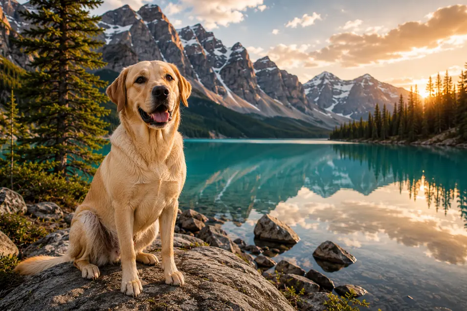 Yellow Labrador Retriever sitting on a rocky shore beside a turquoise alpine lake, surrounded by dramatic snow-capped mountains and glowing sunset reflections.
