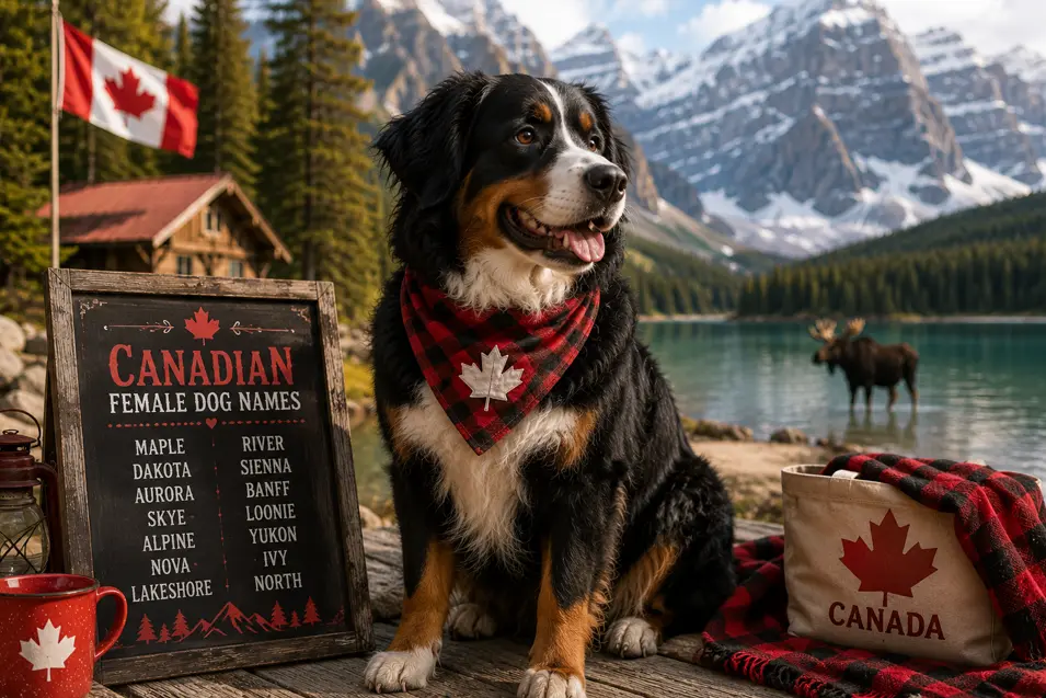 Bernese Mountain Dog wearing a maple leaf bandana beside a turquoise alpine lake, with towering Canadian Rockies, a rustic cabin, and a waving Canadian flag.
