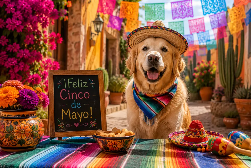 Happy Golden Retriever in a festive sombrero celebrates Cinco de Mayo on a colorful Mexican street with papel picado, flowers, and dog treats.