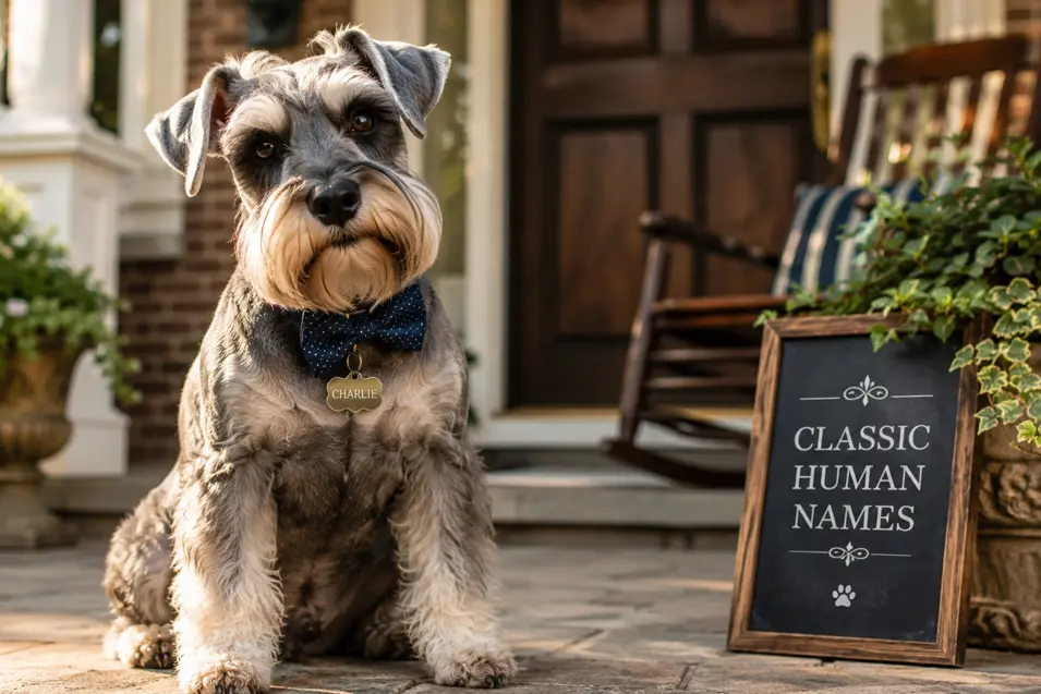 Miniature Schnauzer wearing a bow tie and personalized name tag, sitting proudly on a welcoming front porch beside a "Classic Human Names" sign.