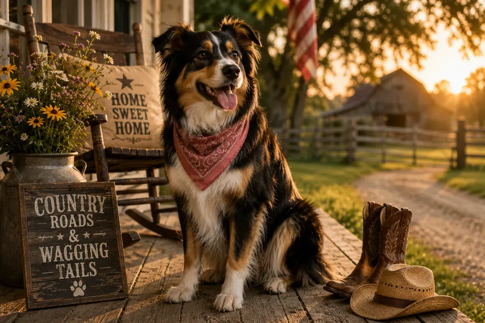 Australian Shepherd wearing a bandana on a rustic farmhouse porch, surrounded by cowboy boots, a rocking chair, and warm country sunset light.