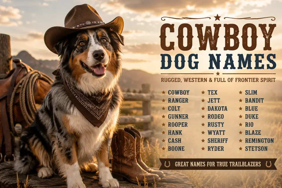 Australian Shepherd wearing a cowboy hat and bandana beside western gear, promoting cowboy dog names with a rustic ranch sunset backdrop.