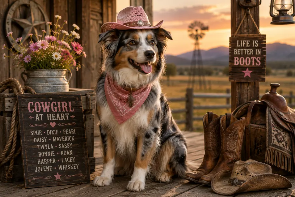 Australian Shepherd dressed as a cowgirl on a rustic ranch porch, surrounded by western décor, cowboy boots, and a warm sunset celebrating classic country charm.