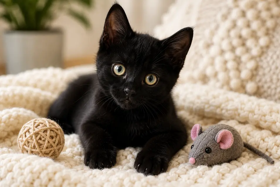 Adorable black kitten with bright golden eyes relaxing on a cozy blanket beside toys, capturing its playful personality in warm natural light.