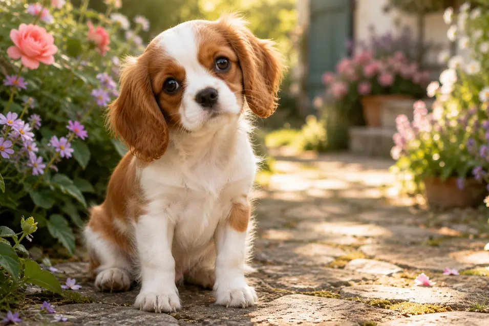 Adorable Cavalier King Charles Spaniel puppy sitting on a sunlit garden path, surrounded by colorful flowers in a charming cottage garden at golden hour.
