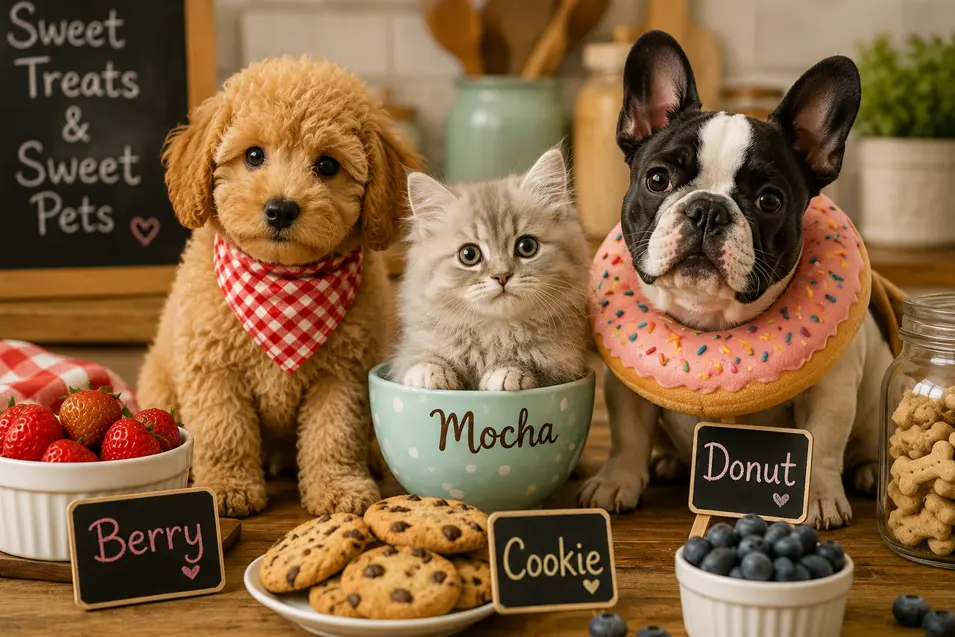 Cute dogs and a kitten surrounded by sweet treats, with food-inspired pet names like Berry, Mocha, Cookie, and Donut.
