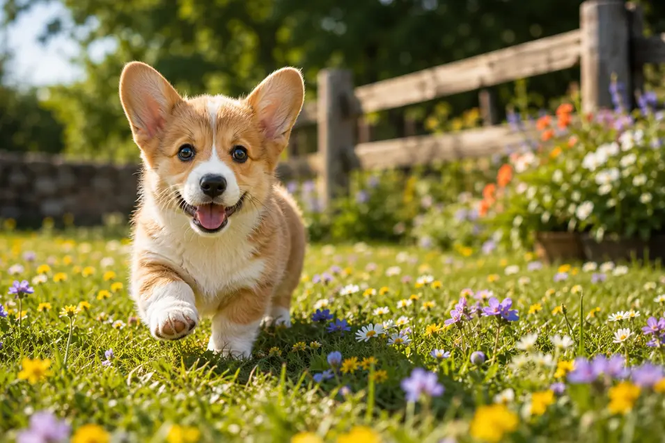 Happy Pembroke Welsh Corgi puppy running through a flower-filled garden on a sunny day, with colorful wildflowers and a rustic wooden fence in the background.
