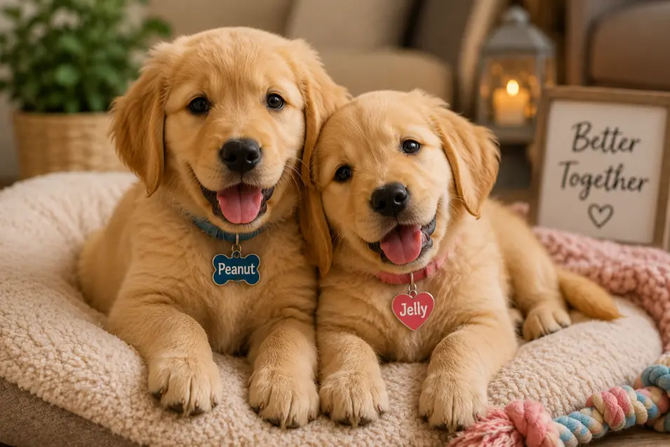 Two adorable puppies named Peanut and Jelly cuddle together on a cozy bed beside a “Better Together” sign and colorful rope toy.