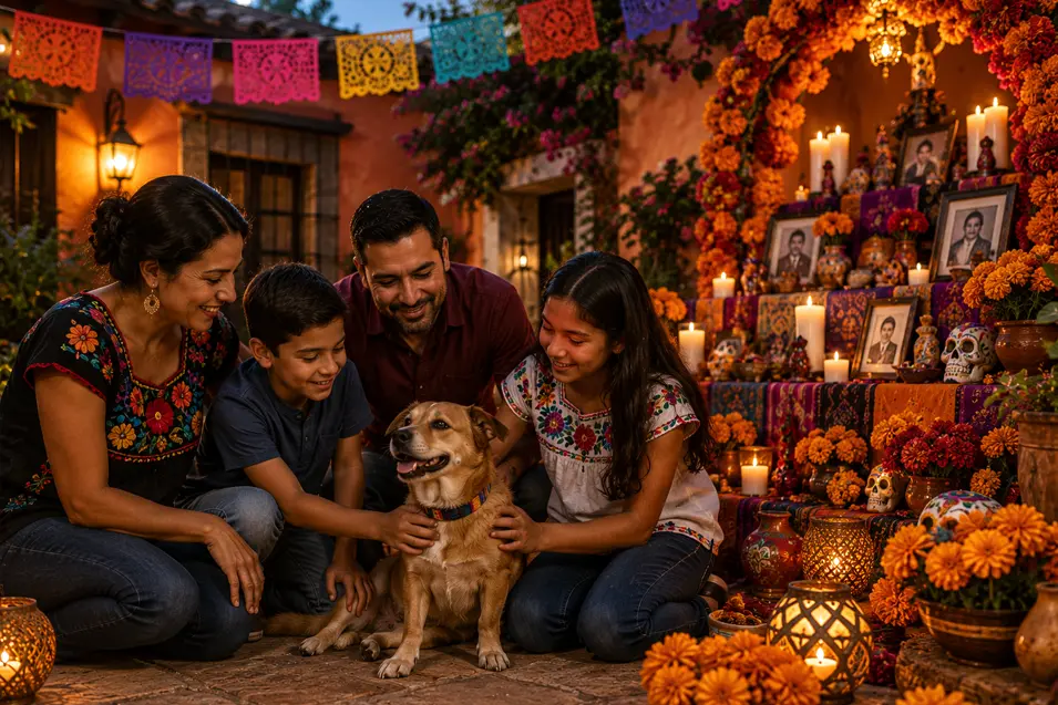A family celebrates Día de los Muertos with their beloved dog beside a beautifully decorated ofrenda, surrounded by marigolds, candles, and colorful papel picado.