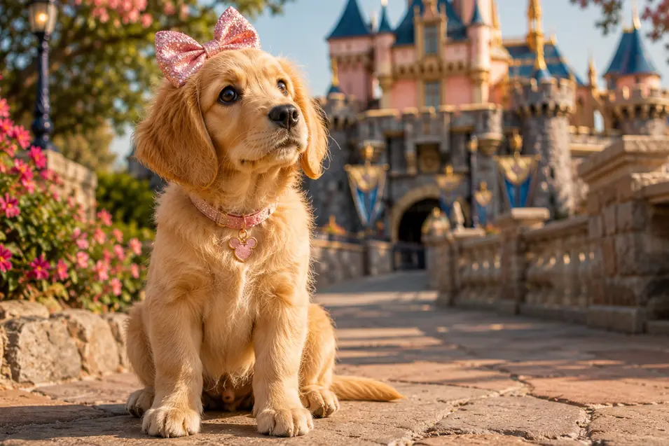 Golden Retriever puppy wearing a pink bow sits before a fairytale castle, creating a magical princess-inspired scene with blooming flowers and warm golden light.