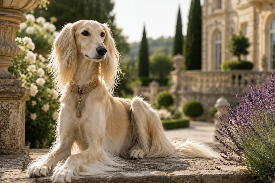 Elegant Afghan Hound relaxing in the gardens of a grand estate, with blooming lavender, manicured grounds, and soft golden-hour light creating a luxurious portrait.