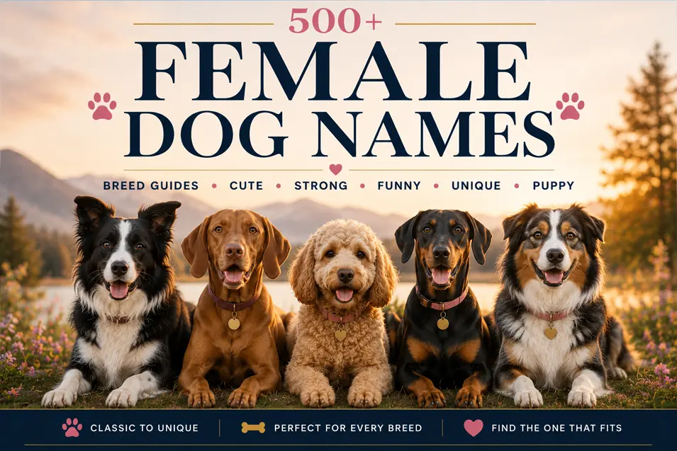 Five happy female dogs—Border Collie, Vizsla, Cockapoo, Doberman, and Australian Shepherd—beneath a bold "500+ Female Dog Names" title with a mountain sunset backdrop.
