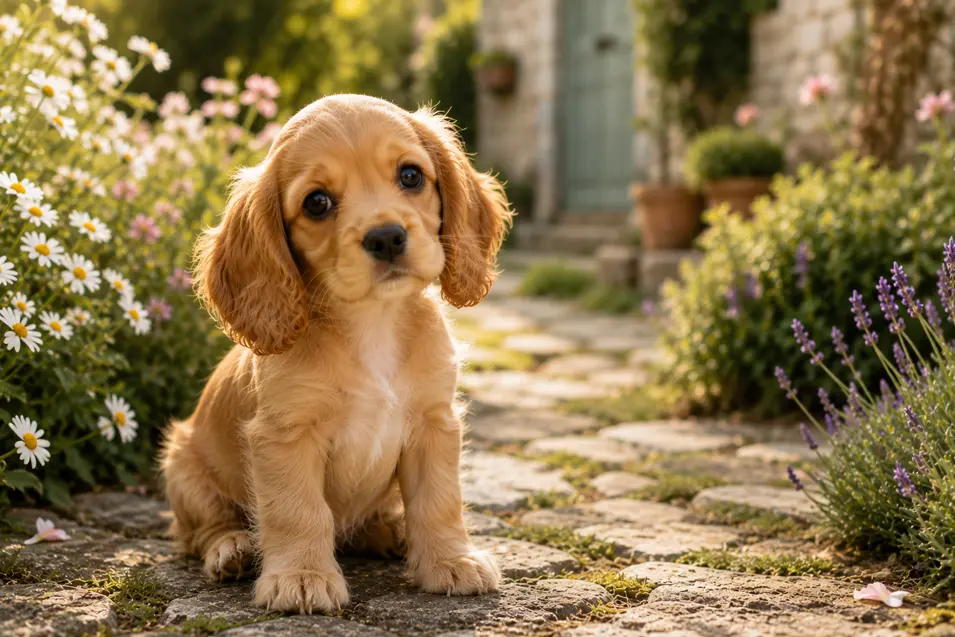 Adorable Cocker Spaniel puppy sitting on a sunlit cobblestone path, surrounded by blooming flowers in a charming cottage garden at golden hour.