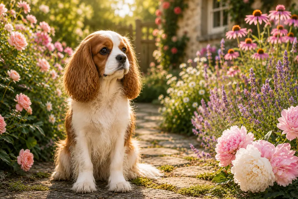 Elegant Cavalier King Charles Spaniel sitting among blooming roses, peonies, and lavender in a sunlit cottage garden, creating a timeless spring portrait.