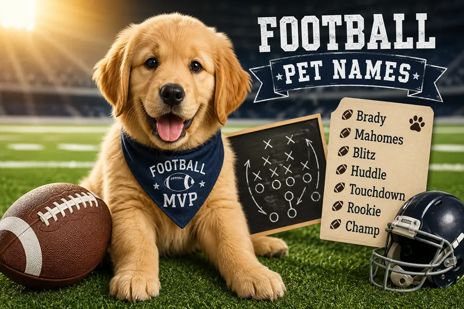 Golden Retriever puppy wearing a "Football MVP" bandana sits on a football field beside a ball, playbook, helmet, and football-themed pet name list.