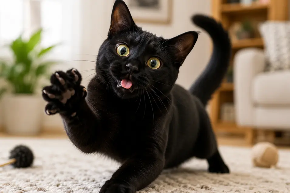 Playful black kitten reaching for a toy with bright golden eyes and tongue out, capturing its curious, energetic personality in a cozy home.