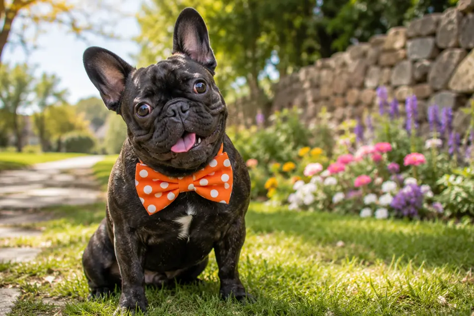 Happy brindle French Bulldog wearing a bright orange polka-dot bow tie, sitting in a colorful flower garden beside a charming stone wall on a sunny day.