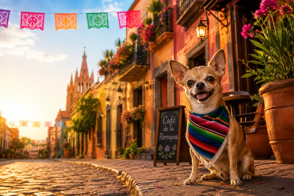 Happy Chihuahua wearing a colorful serape bandana on a charming Mexican street adorned with papel picado, glowing in warm golden evening light.