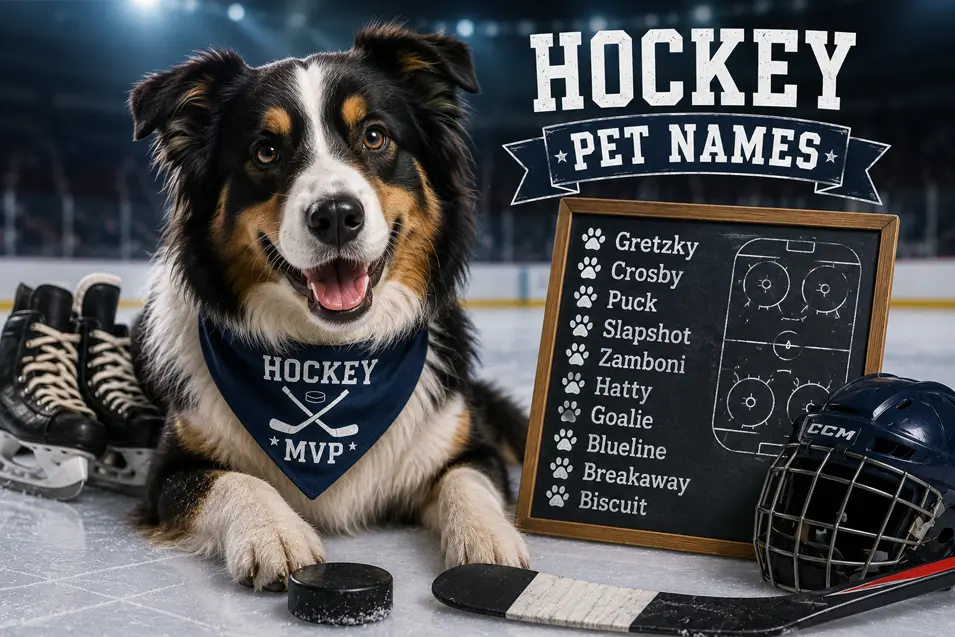 Border Collie wearing a "Hockey MVP" bandana poses on an ice rink beside skates, stick, puck, helmet, and a hockey-themed pet name board.