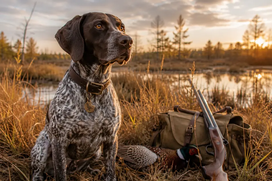German Shorthaired Pointer sitting beside a marsh at sunrise with hunting gear, pheasants, and a shotgun, ready for a day in the field.