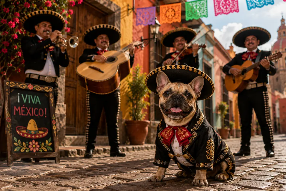 A French Bulldog dressed in a mariachi outfit poses in front of a lively mariachi band on a colorful Mexican street celebrating Mexican culture.