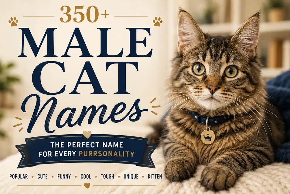 350+ Male Cat Names infographic featuring a curious tabby kitten with a blue collar, highlighting adventurous, regal, nerdy, cowboy, and international name ideas.