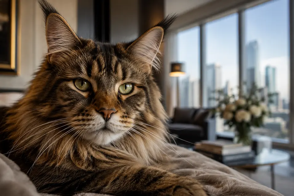 Close-up portrait of a majestic Maine Coon cat with long brown tabby fur, tufted ears, and green eyes resting on a soft blanket inside a luxury high-rise condo. Floor-to-ceiling windows reveal a blurred city skyline, while elegant furnishings and warm lighting create a sophisticated, upscale living space.