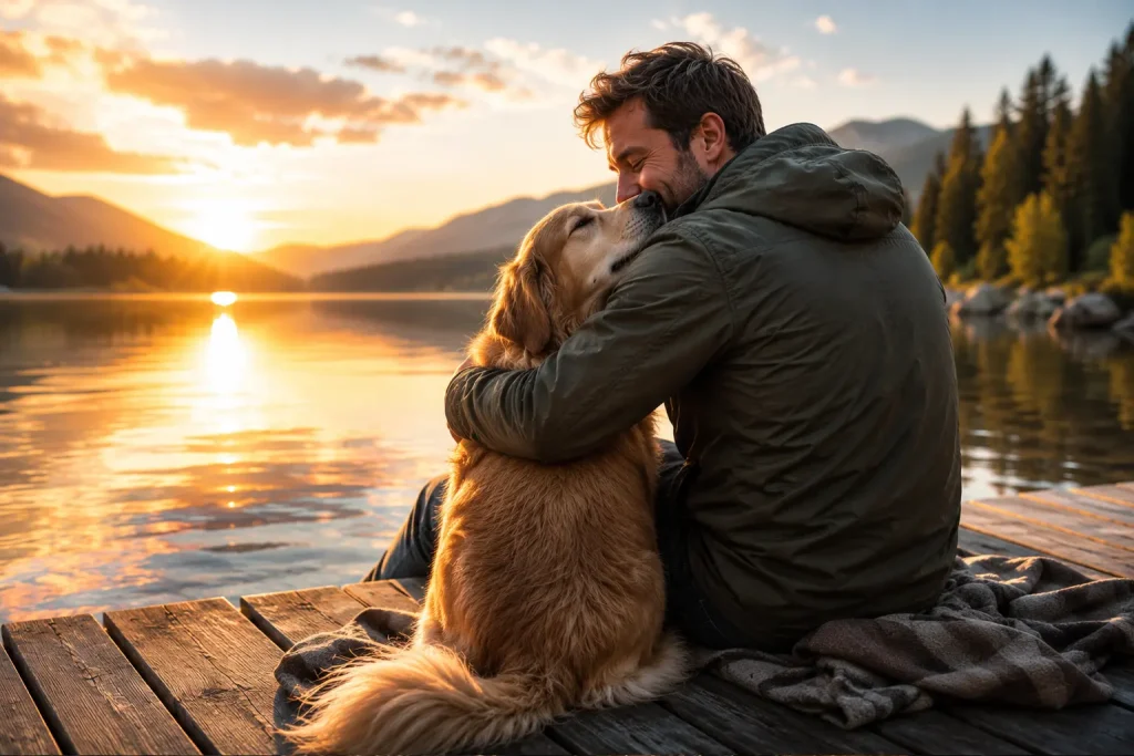 Golden Retriever shares a heartwarming hug with its owner on a peaceful lakeside dock at sunset, celebrating the unbreakable bond between people and dogs.