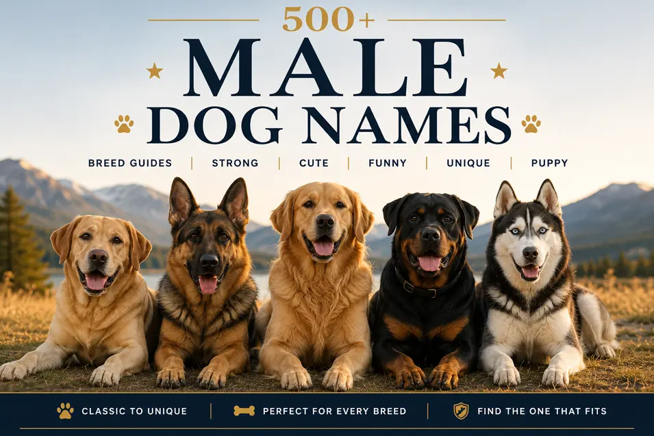 Five happy dogs—Labrador, German Shepherd, Golden Retriever, Rottweiler, and Husky—beneath a bold "500+ Male Dog Names" title with a scenic mountain backdrop.