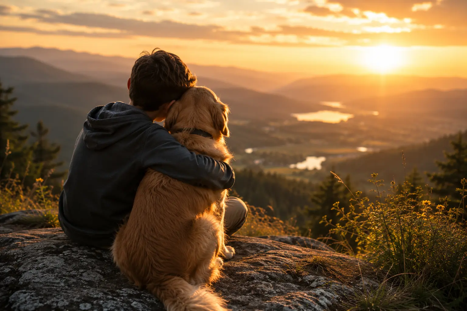 Person and Golden Retriever share a quiet sunset embrace on a mountain overlook, capturing the deep bond, loyalty, and love between humans and dogs.