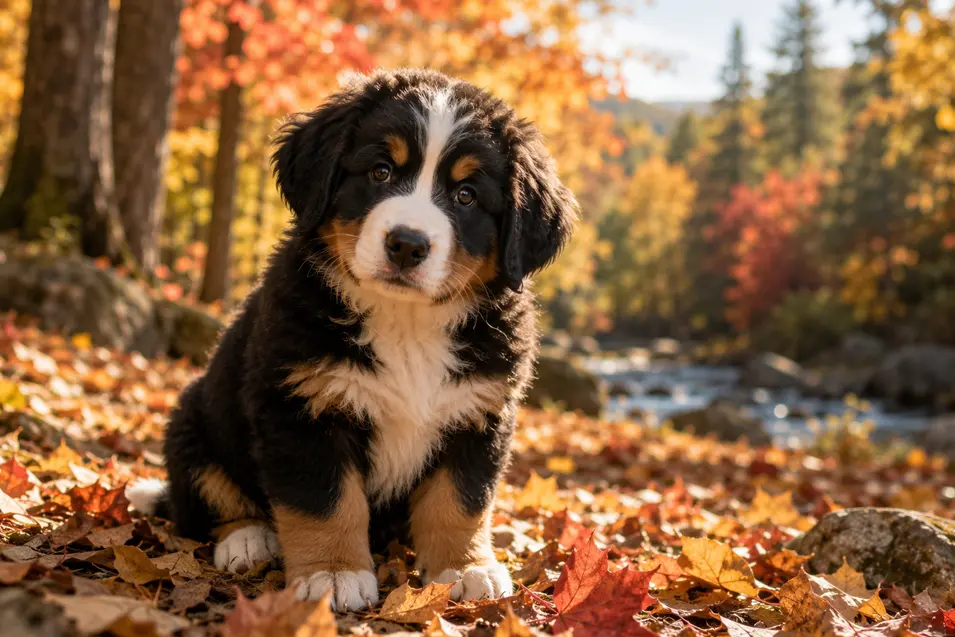 Bernese Mountain Dog puppy sitting among colorful autumn leaves beside a peaceful forest stream, surrounded by vibrant fall foliage and warm golden light.