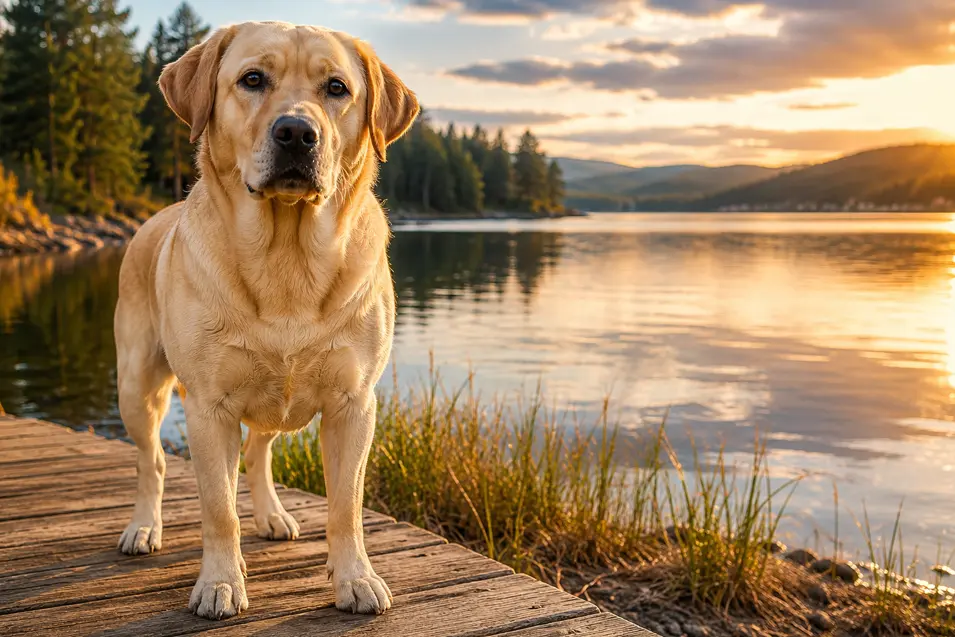 Yellow Labrador Retriever standing on a wooden dock at golden hour, overlooking a calm mountain lake surrounded by evergreen forests.