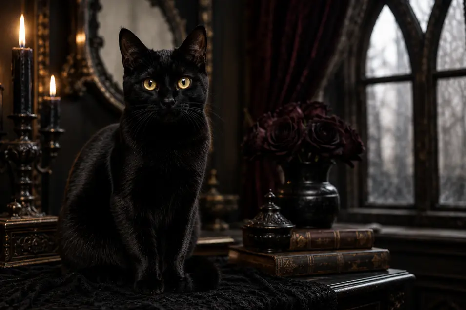 Elegant black cat with golden eyes in a gothic room surrounded by candlelight, antique books, and dark roses, creating a mysterious, enchanting atmosphere.