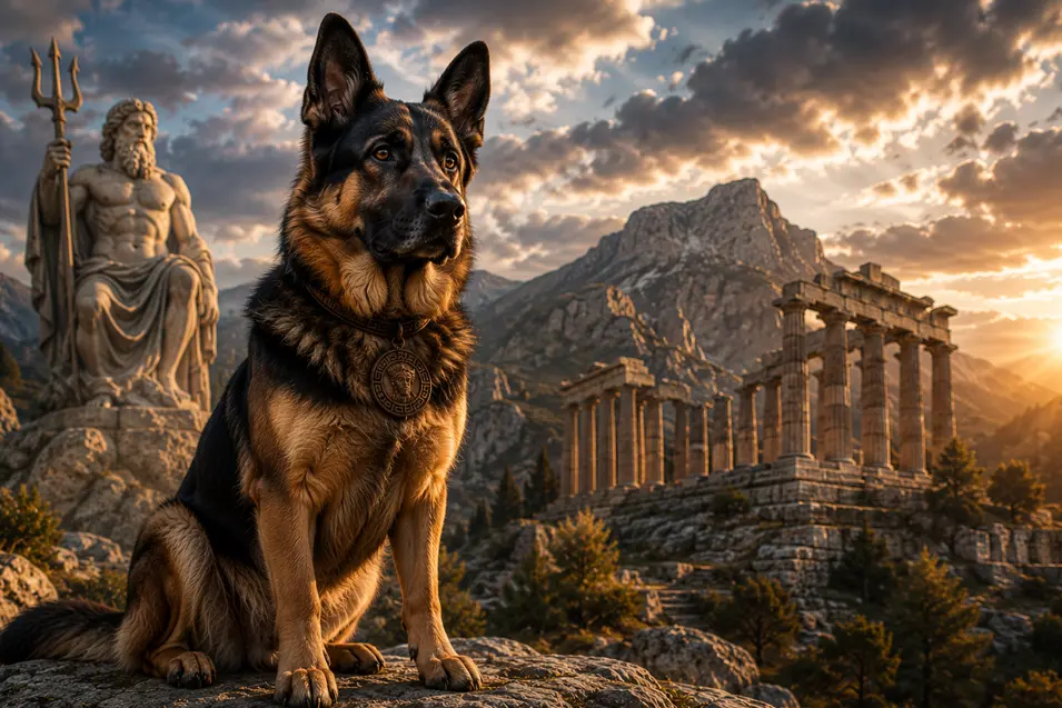 German Shepherd wearing a Greek-inspired medallion, posed among ancient temple ruins and a towering Poseidon statue beneath a dramatic sunset sky.