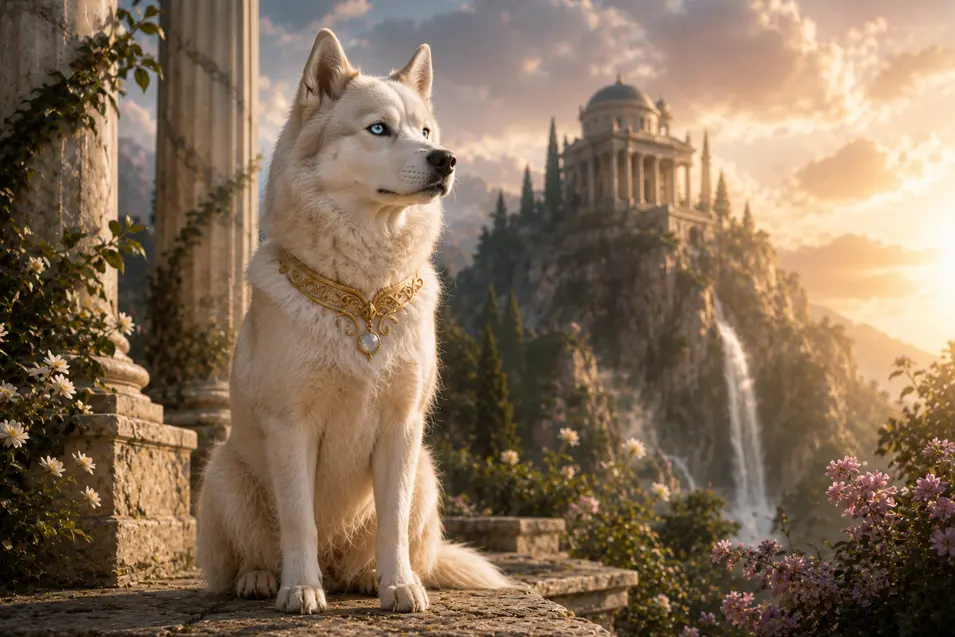 Majestic white Siberian Husky before a grand mythological temple and cascading waterfall, glowing in golden-hour light with an epic fantasy atmosphere.
