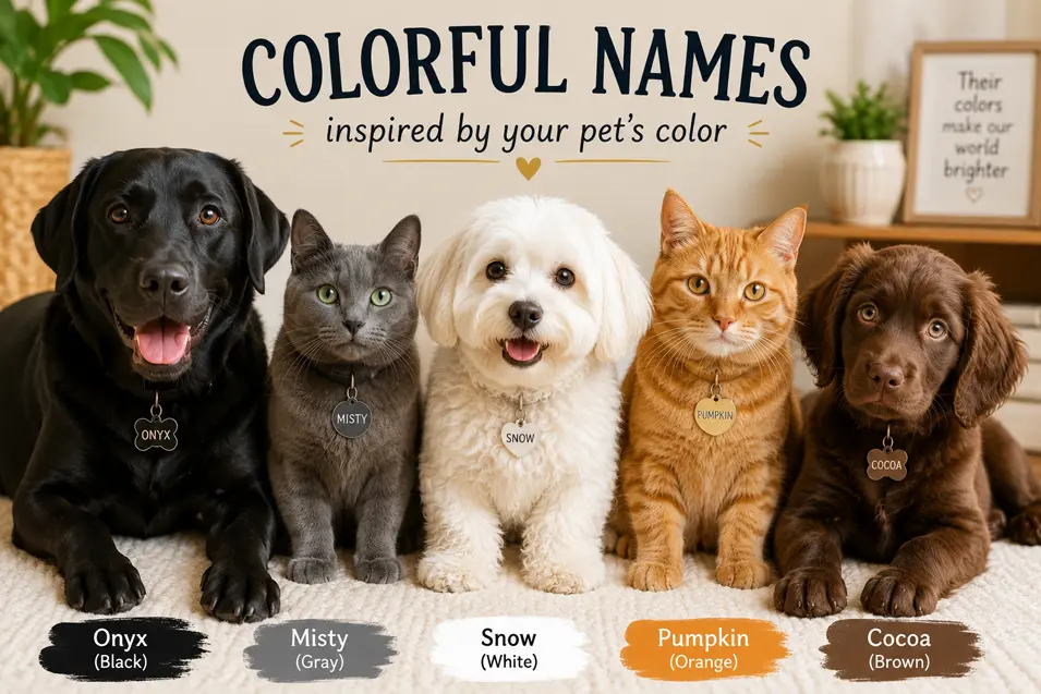 Colorful pet name ideas inspired by coat colors, featuring dogs and cats named Onyx, Misty, Snow, Pumpkin, and Cocoa.