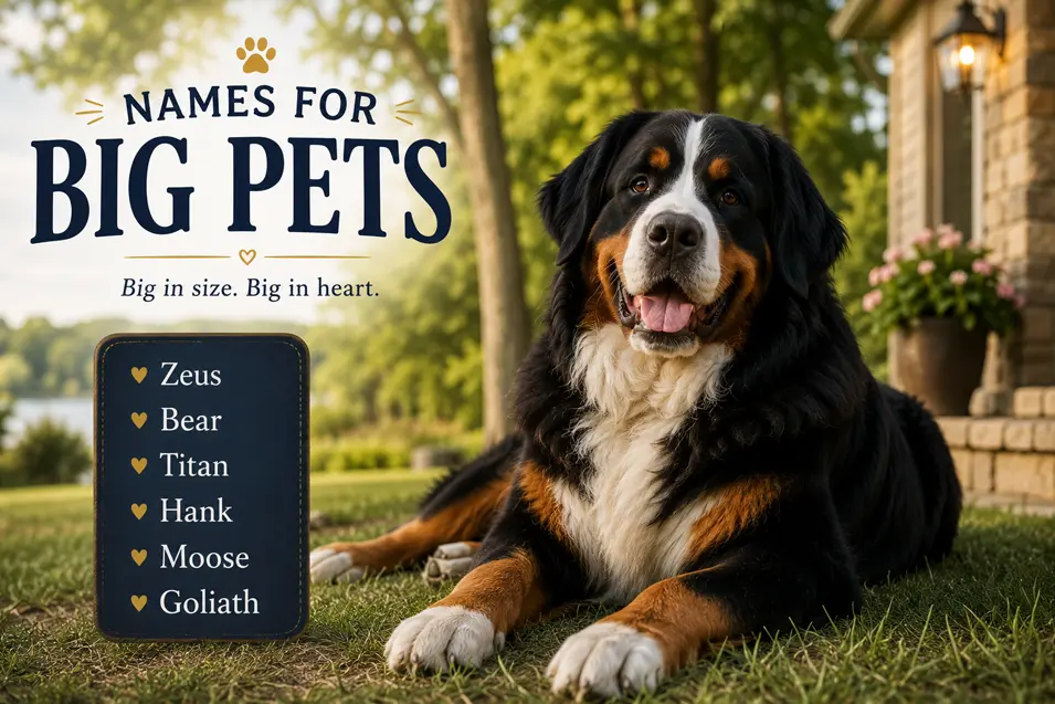 Large Bernese Mountain Dog relaxing outdoors beside a list of big pet name ideas, including Zeus, Bear, Titan, Hank, Moose, and Goliath.