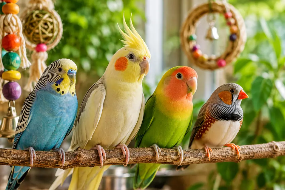 Colorful pet birds perch together beneath a “Bird Names” title, featuring cute, funny, unique and colorful naming ideas.